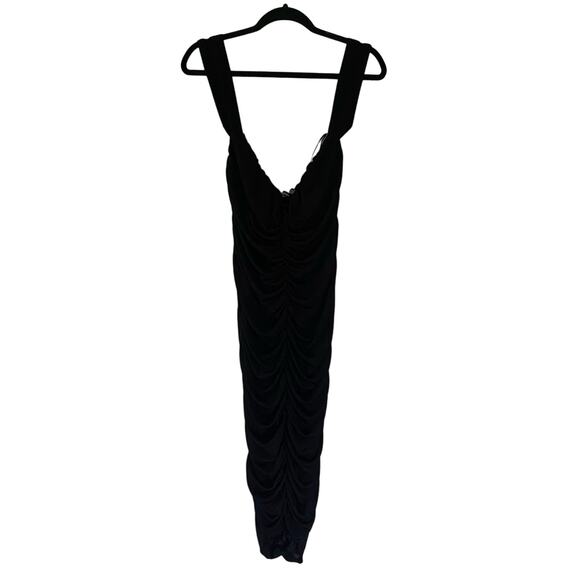 Boohoo Over the Shoulder Black Rouched Midi Bodycon Dress Women's Size 14 - Picture 7 of 7